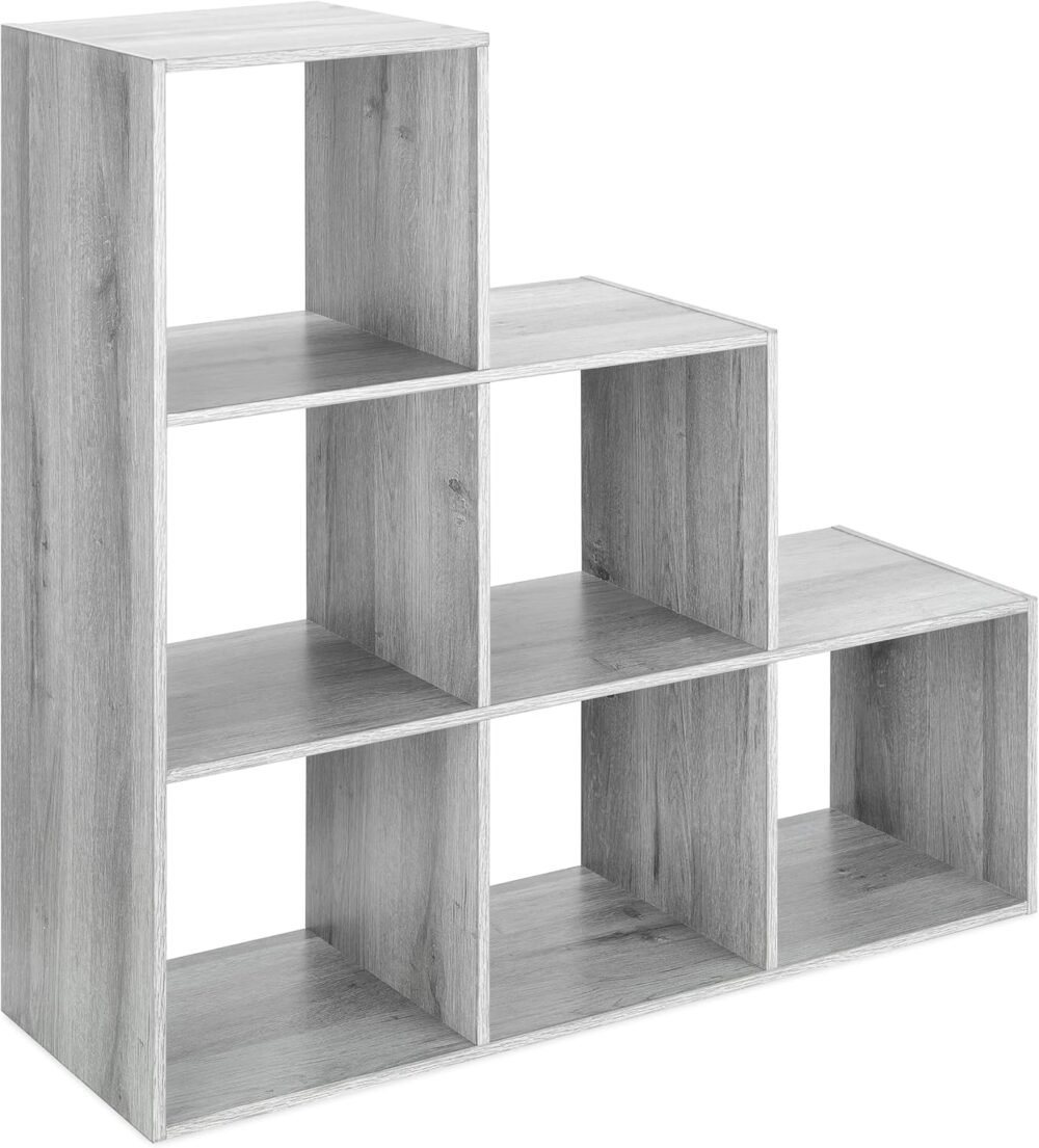 6 Cubes Bookshelf, Freestanding 6 Cube Stepped Etagere Bookcase, L Shaped Ladder Corner Open Bookshelf, Wood Storage Display Shelf for Living Room Home Office, 11.7"L x 35.6"W x 35.6"H, Gray