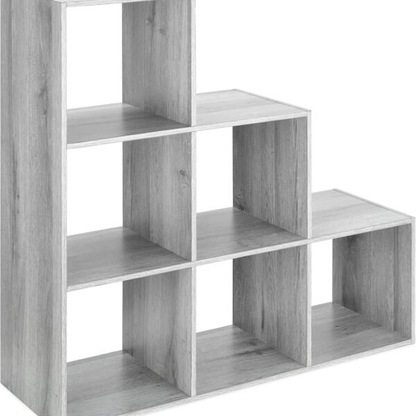 6 Cubes Bookshelf, Freestanding 6 Cube Stepped Etagere Bookcase, L Shaped Ladder Corner Open Bookshelf, Wood Storage Display Shelf for Living Room Home Office, 11.7"L x 35.6"W x 35.6"H, Gray