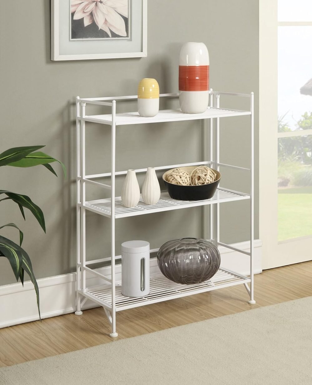 Shelves - 3-Tier Wide Folding Metal Storage Shelves, Closet Organizer for Office, Laundry Room, Bedroom, Garage, Kitchen, Bathroom, White - Image 2