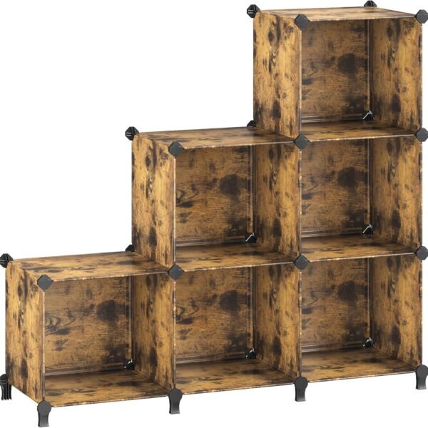 6 Cube Storage Organizer, Modular Bookshelf, DIY Closet Organizers and Storage, Plastic Stackable Shelves, 14.6 x 13 x 13 Inch Cubes, with Feet and Rubber Mallet, Rustic Brown