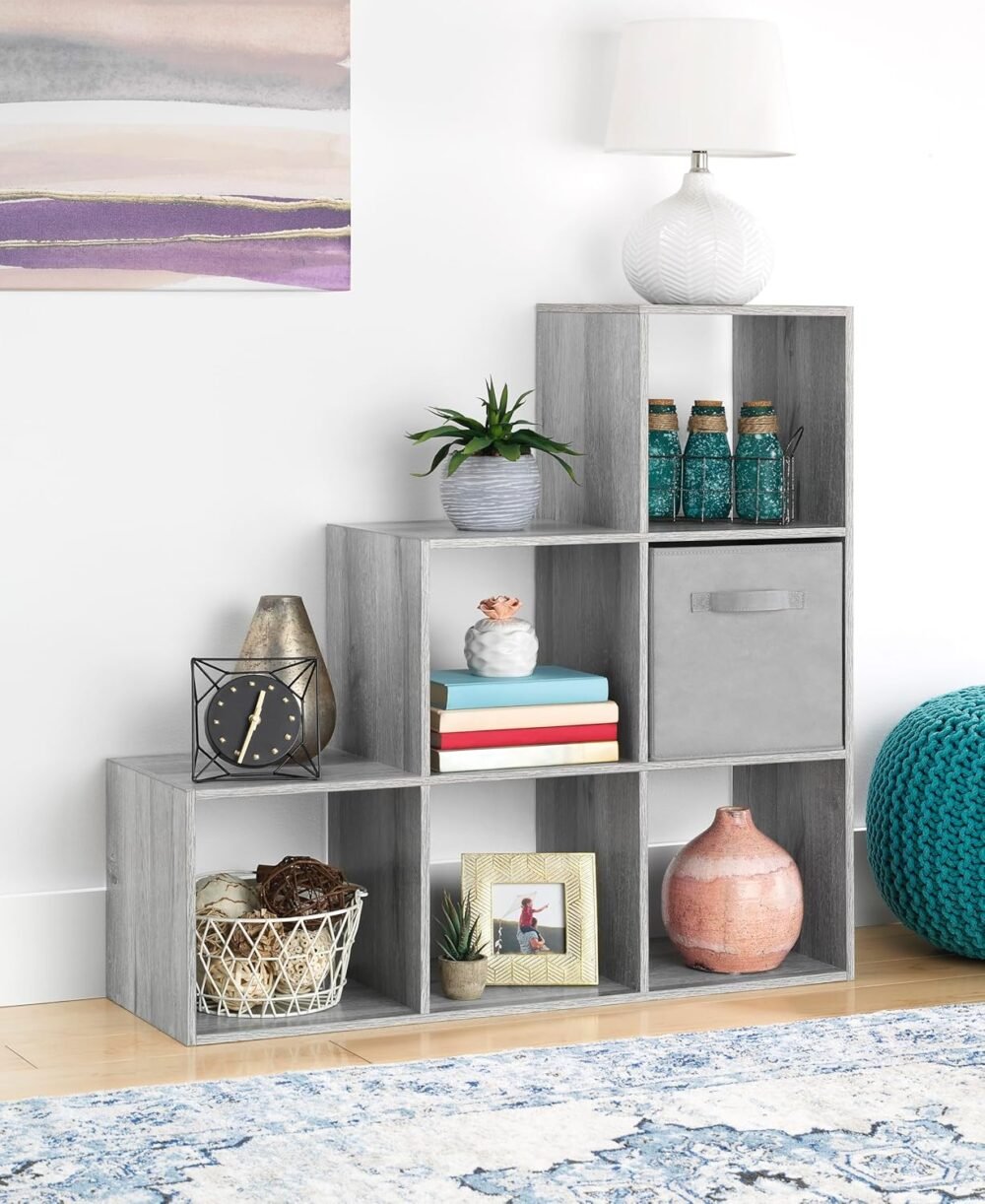 6 Cubes Bookshelf, Freestanding 6 Cube Stepped Etagere Bookcase, L Shaped Ladder Corner Open Bookshelf, Wood Storage Display Shelf for Living Room Home Office, 11.7"L x 35.6"W x 35.6"H, Gray - Image 2